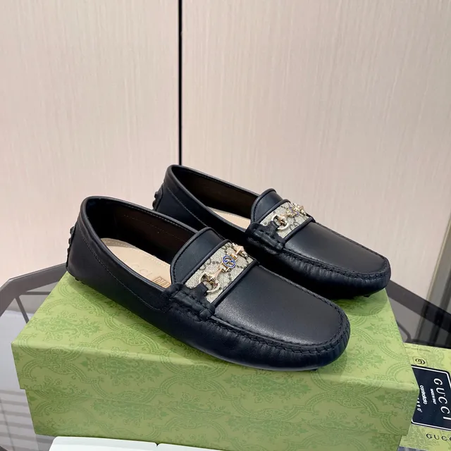 Gucci Horsebit 1955 Black Leather GG Web Loafers 9