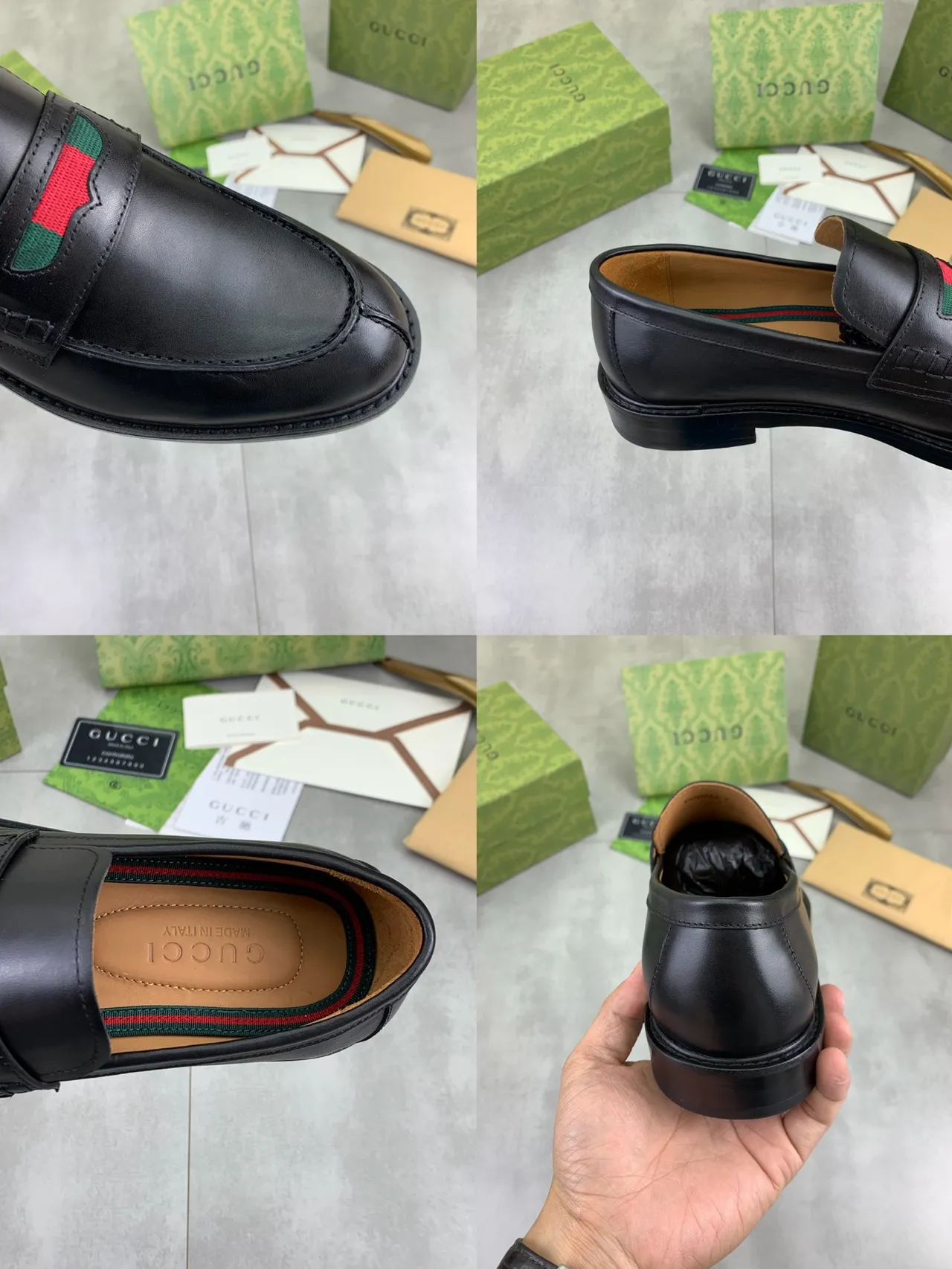 Gucci Horsebit 1955 Black Leather Web Strap Loafers 2