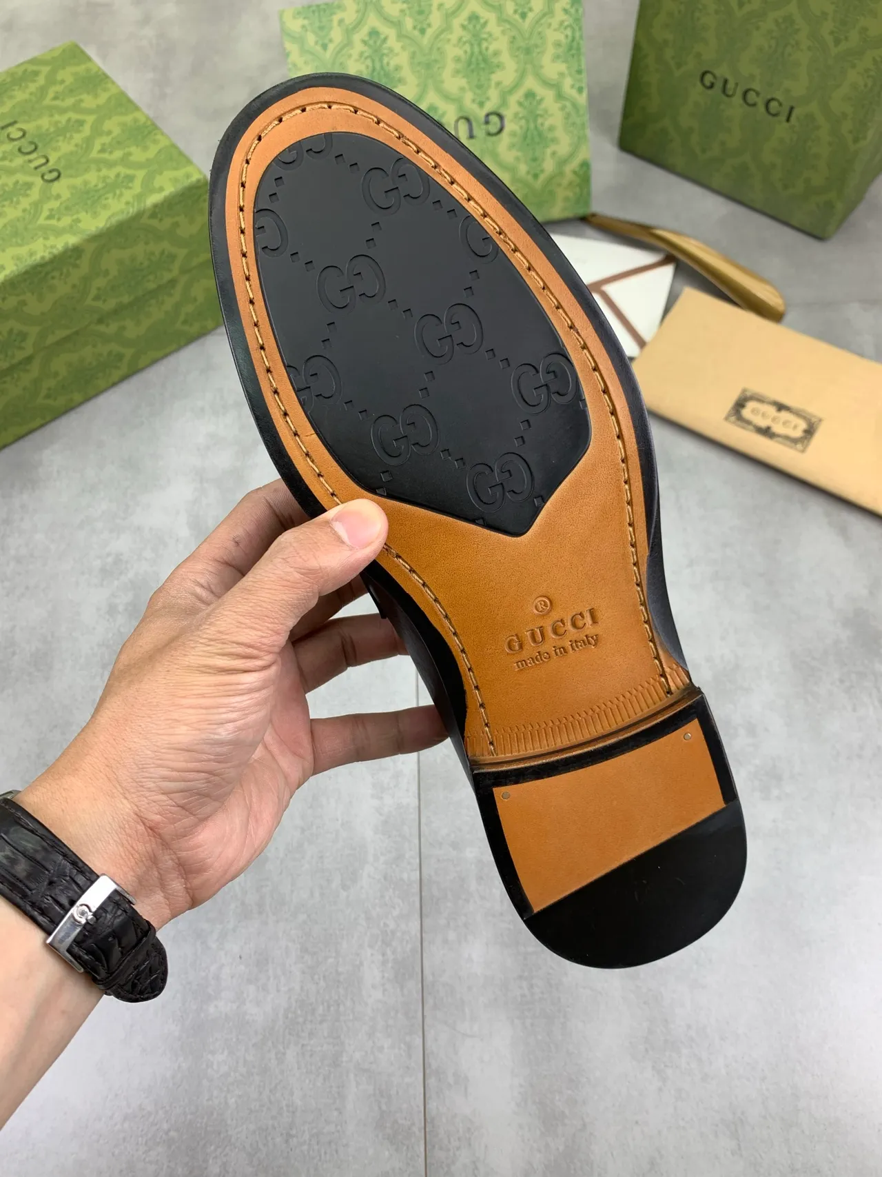 Gucci Horsebit 1955 Black Leather Web Strap Loafers 3