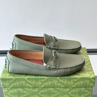 Gucci Horsebit 1955 Green Beige Pebbled Leather Buckle Loafer
