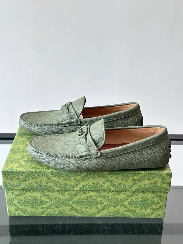 Gucci Horsebit 1955 Vert Beige Cuir Grainé Boucle Loafer 5