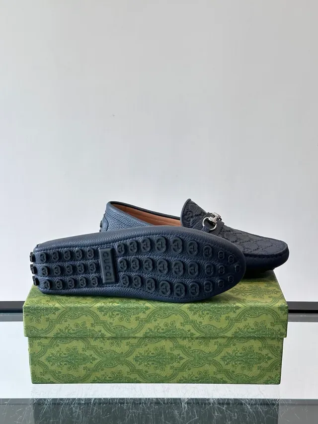 Gucci Horsebit 1955 Navy Blue Embossed GG Loafers 2
