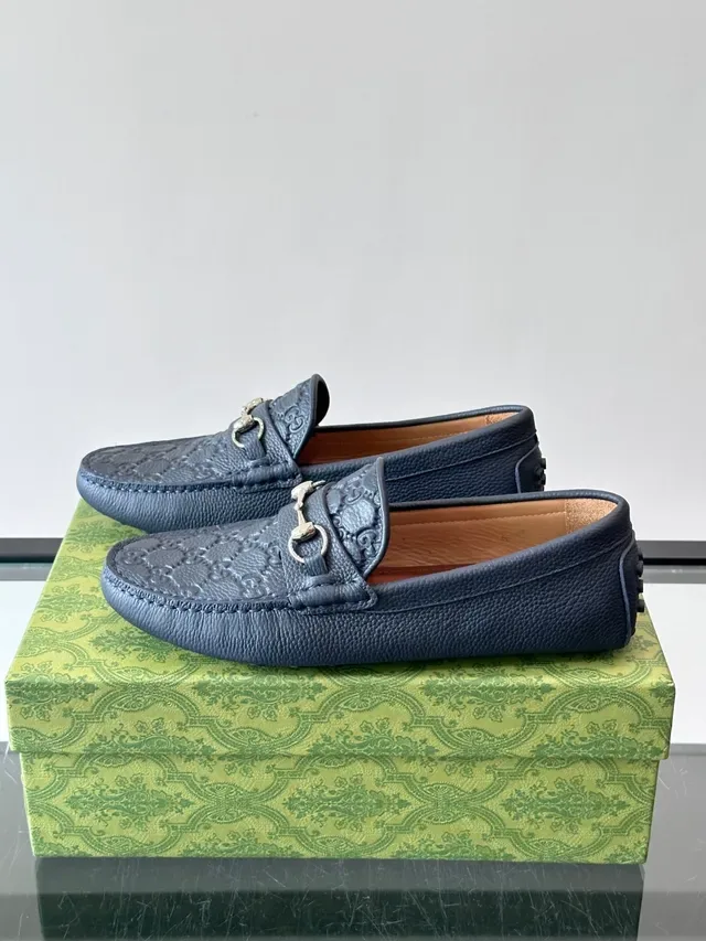 Gucci Horsebit 1955 Navy Blue Embossed GG Loafers 5