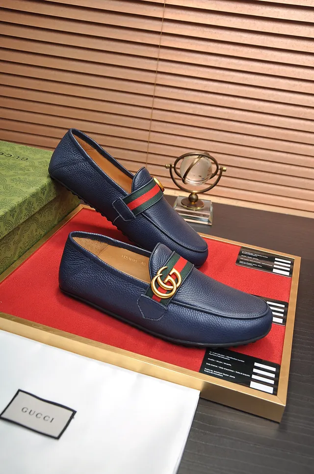 Gucci Horsebit 1955 Navy Red Pebbled Leather Web Stripe Accent Loafer 5