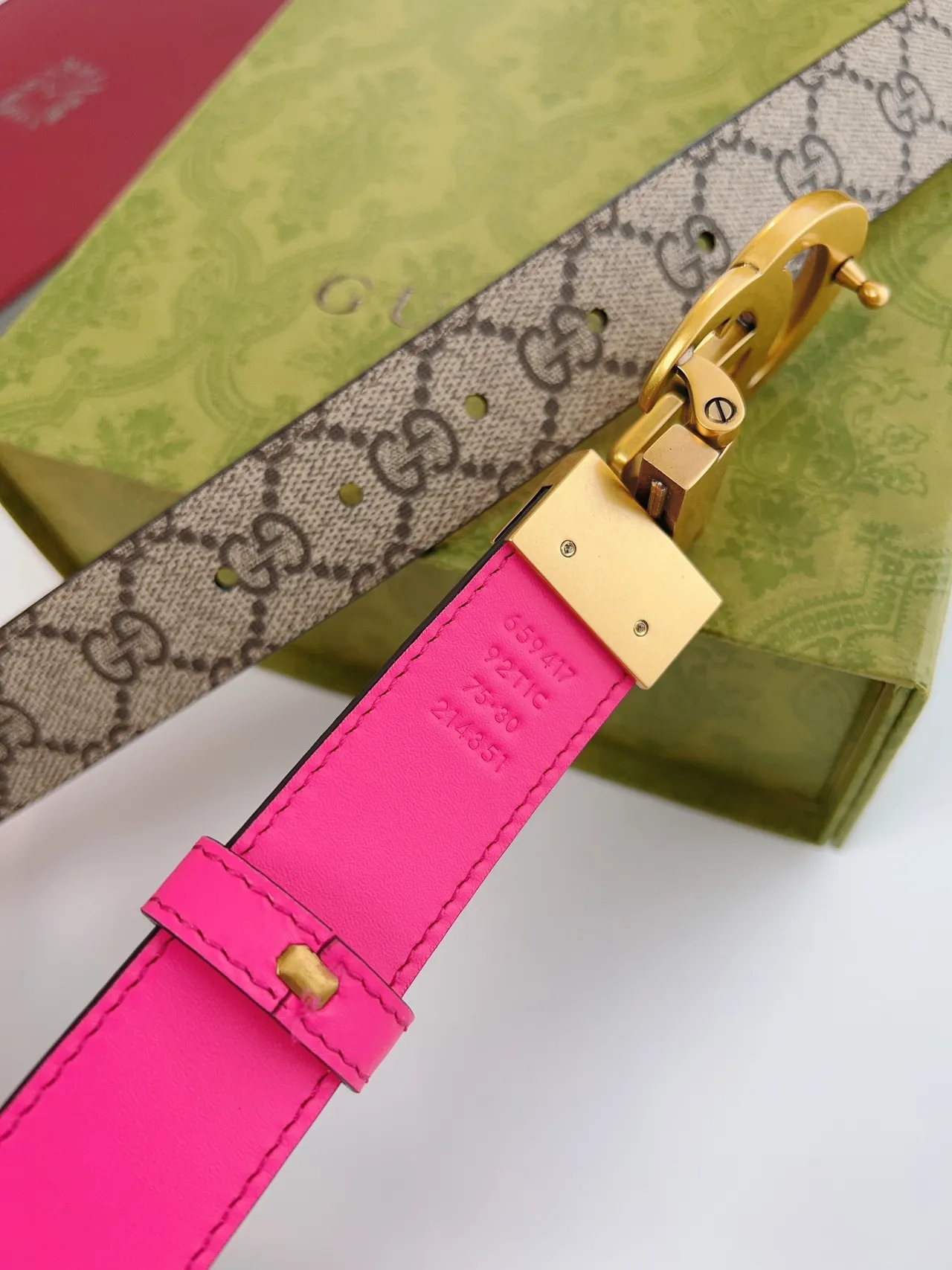 Gucci Horsebit 1955 Two-Tone Neon Pink and GG Monogram Leather Belt 3