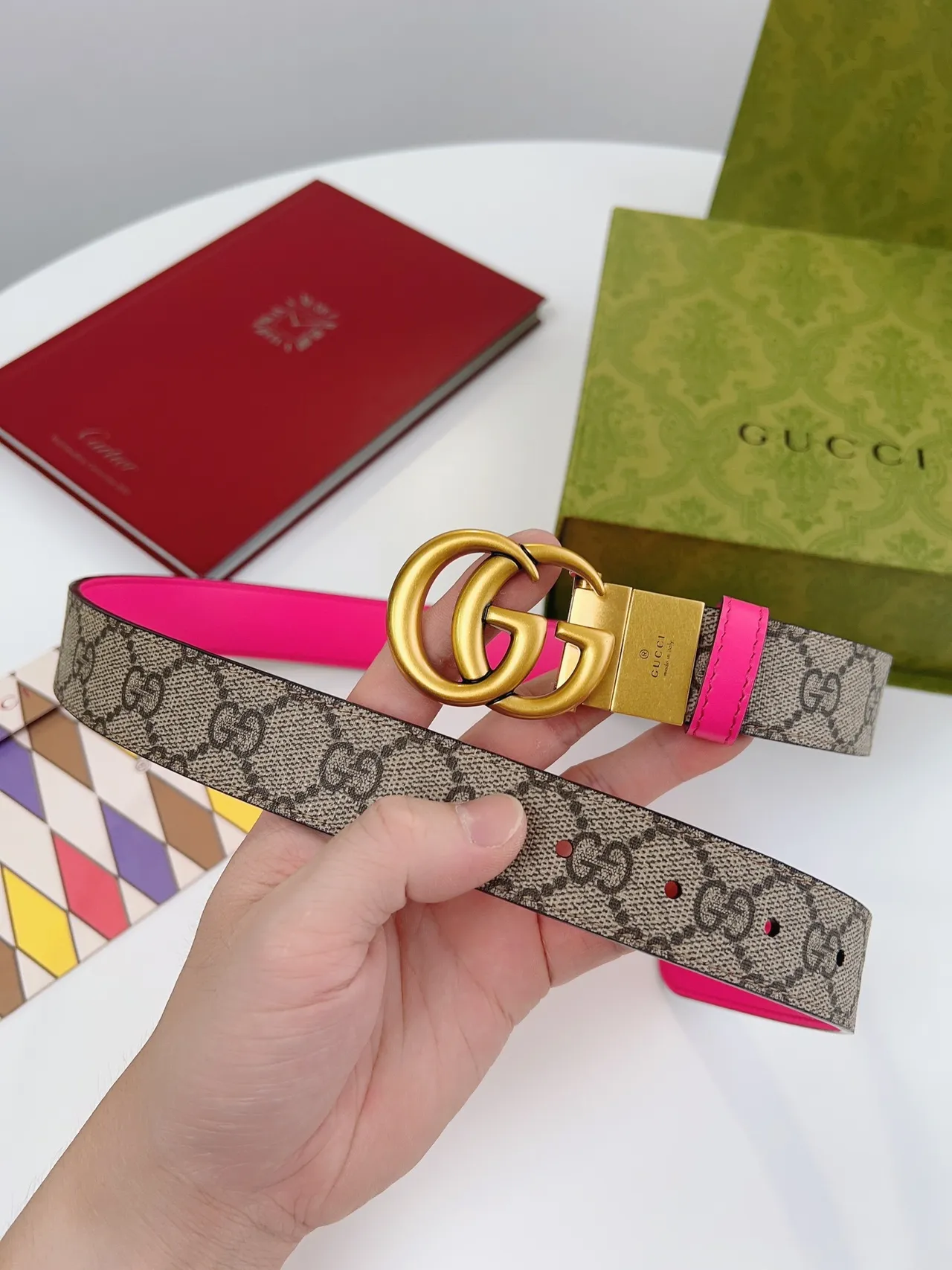 Gucci Horsebit 1955 Two-Tone Neon Pink and GG Monogram Leather Belt 4