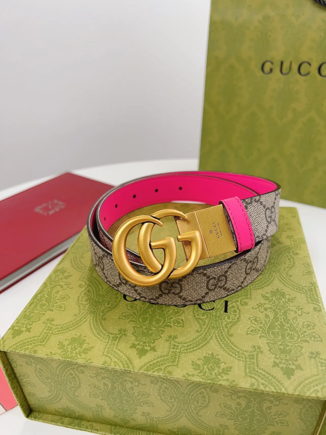 Gucci Horsebit 1955 Two-Tone Neon Pink and GG Monogram Leather Belt 5