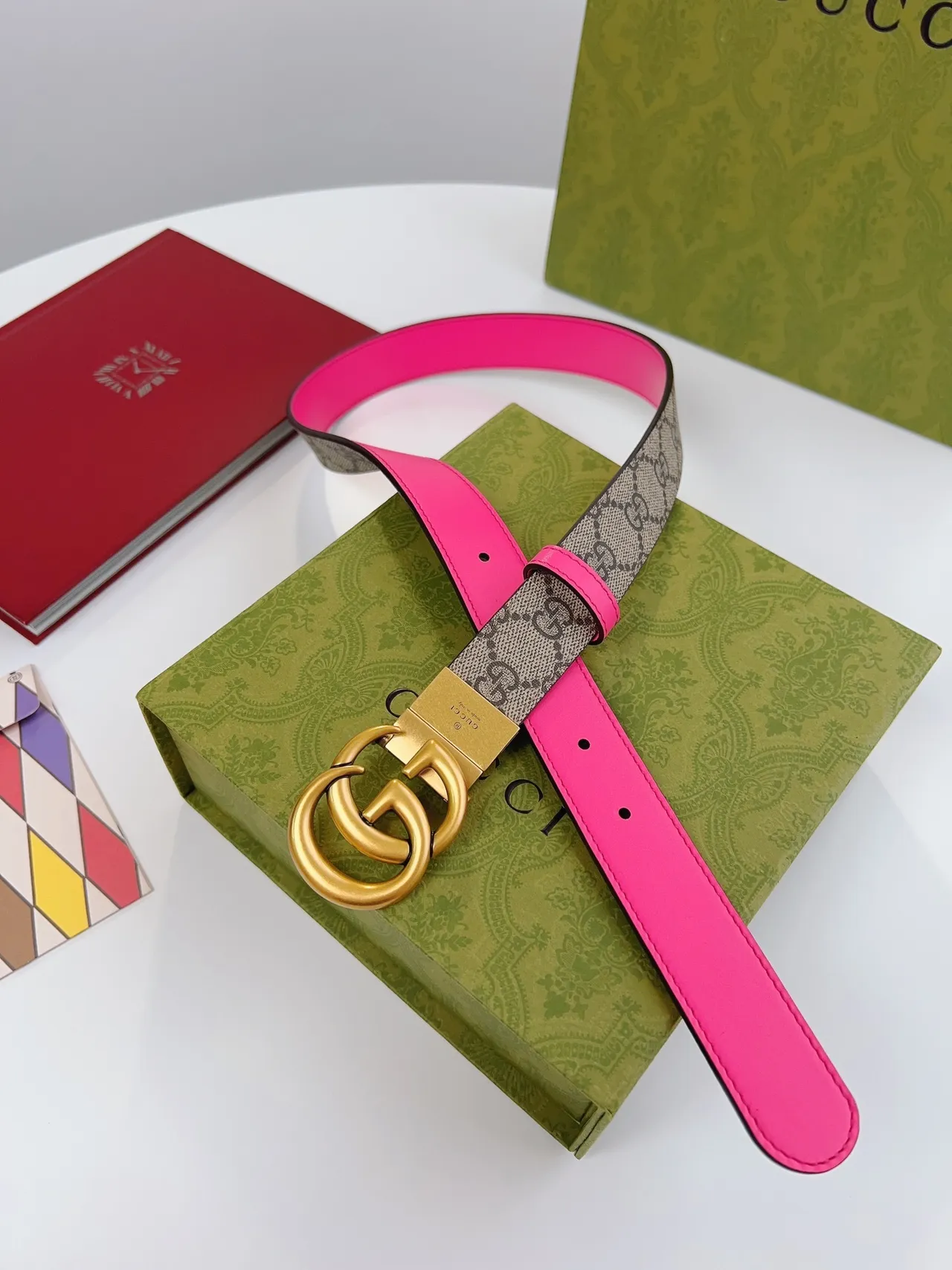 Gucci Horsebit 1955 Two-Tone Neon Pink and GG Monogram Leather Belt 6