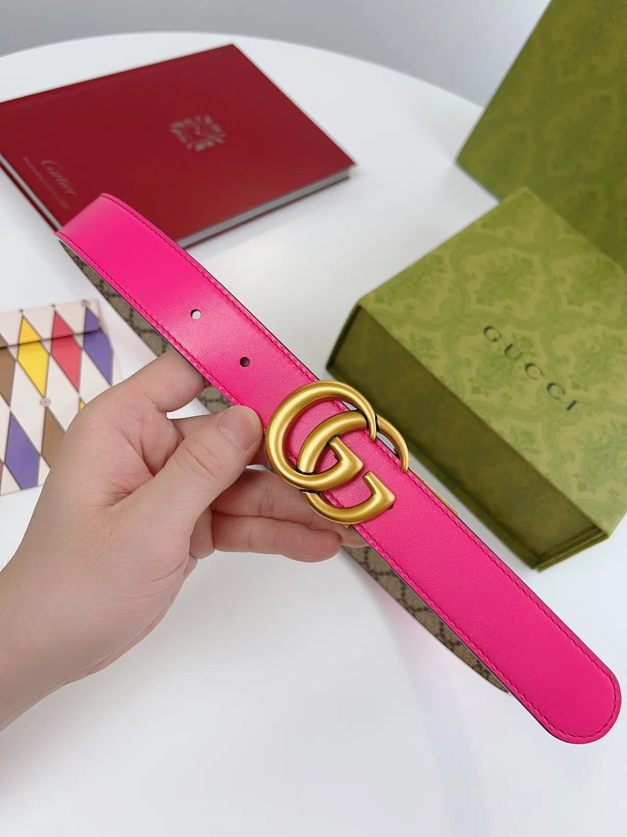Gucci Horsebit 1955 Two-Tone Neon Pink and GG Monogram Leather Belt 7