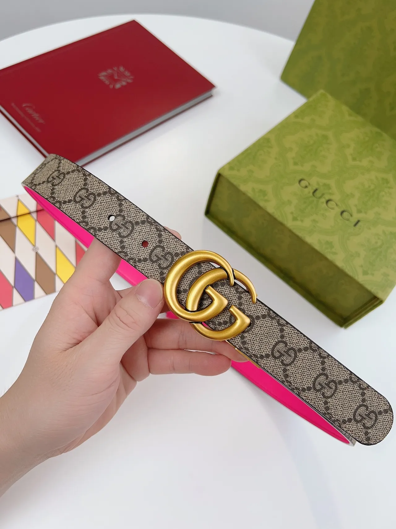 Gucci Horsebit 1955 Two-Tone Neon Pink and GG Monogram Leather Belt 8