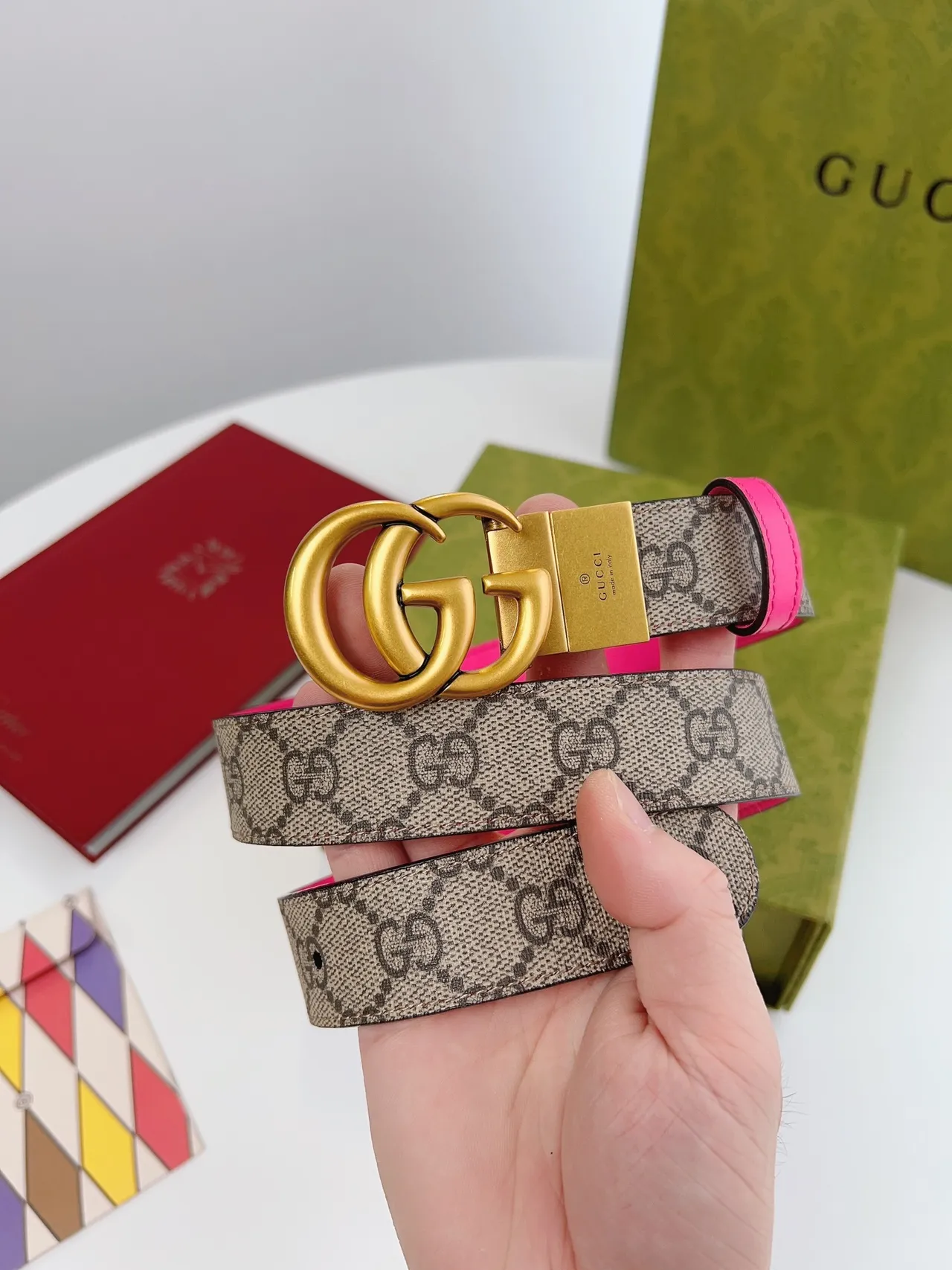 Gucci Horsebit 1955 Two-Tone Neon Pink and GG Monogram Leather Belt 9
