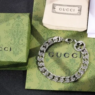 Gucci Icon Silver Green Ornate Curb-Link Chain Interlocking G Clasp Bracelet