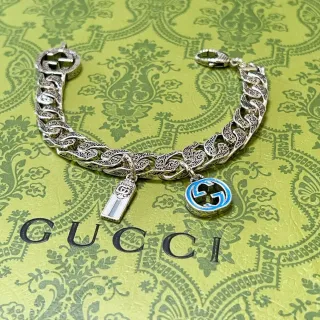 Gucci Iconic Silver Blue Ornate Engraved Curb-Link Chain Dual Enamel Charms Bracelet