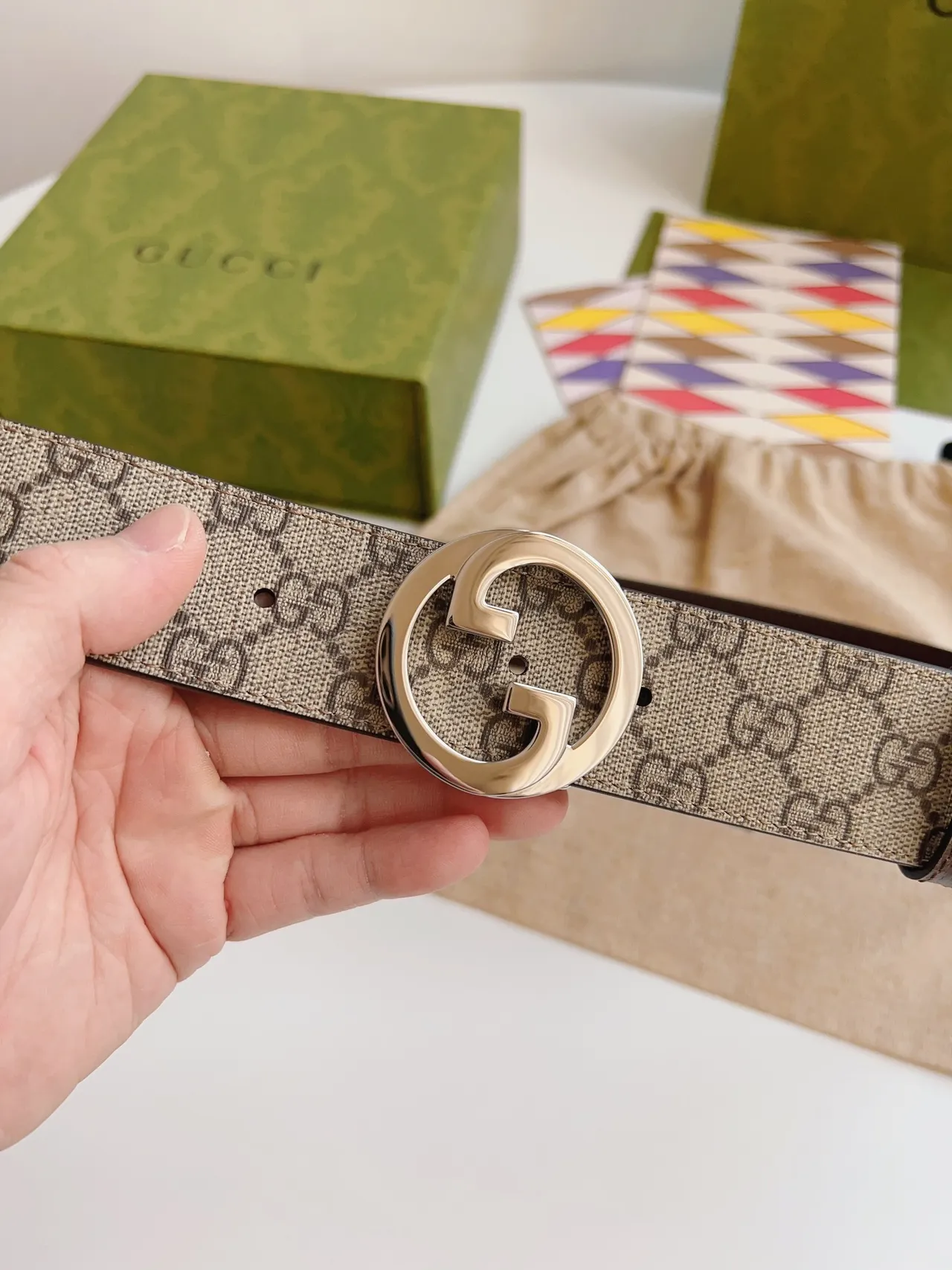 Gucci Interlocking G Belt Beige Brown GG Supreme Leather Belt 2