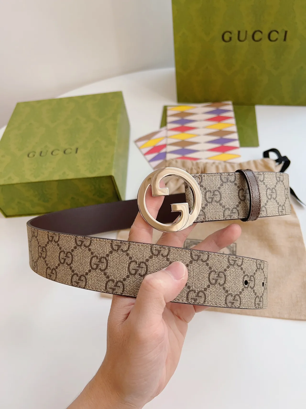 Gucci Interlocking G Belt Beige Brown GG Supreme Leather Belt 3