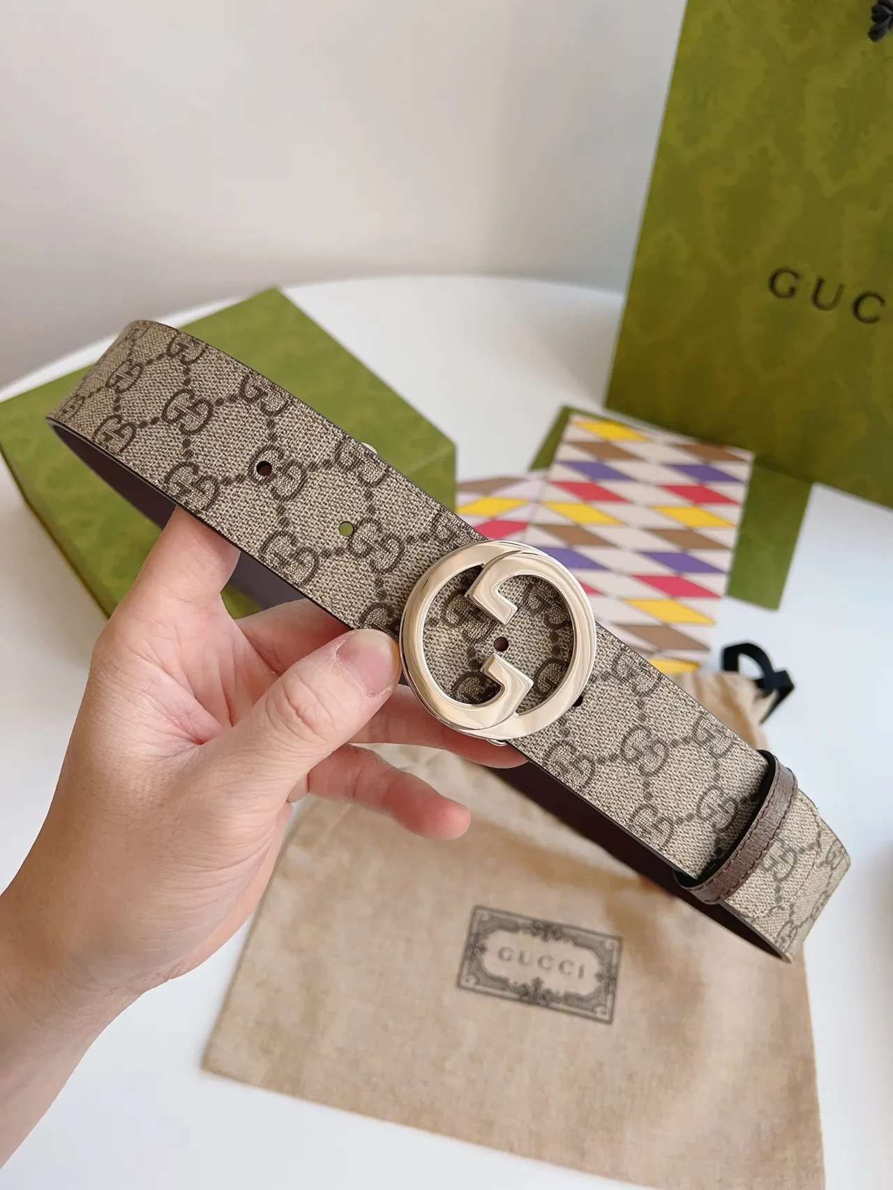 Gucci Interlocking G Belt Beige Brown GG Supreme Leather Belt 6