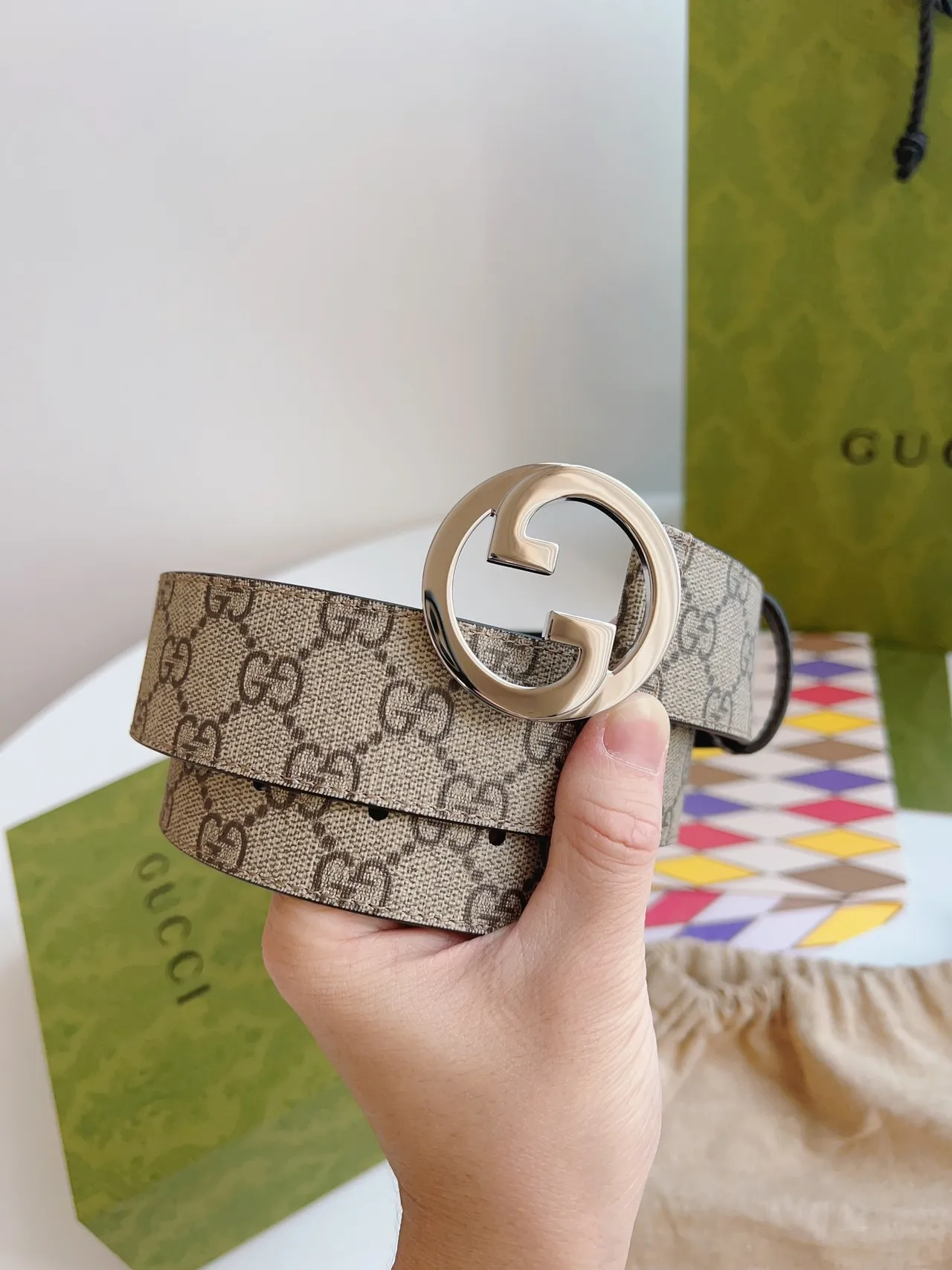 Gucci Interlocking G Belt Beige Brown GG Supreme Leather Belt 7