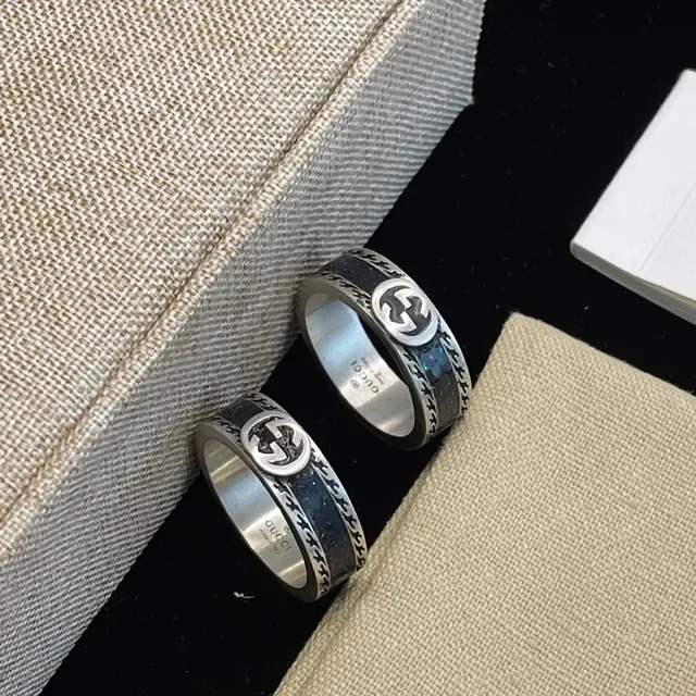 Gucci Interlocking G Black Enamel Silver-Tone Rings 4
