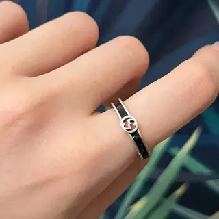Gucci Interlocking G Ring Silver Black Logo Inlay Ring