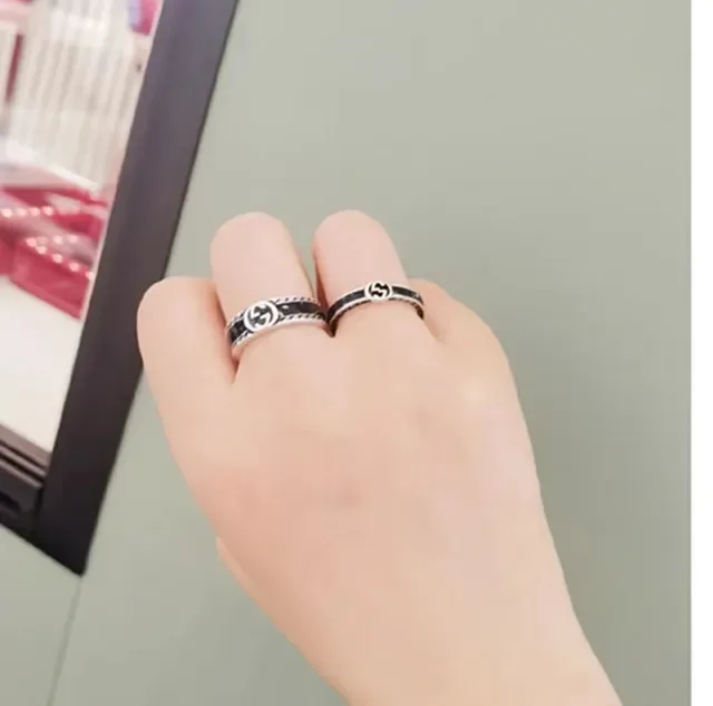 Gucci Interlocking G Ring Silver Black Logo Inlay Ring 2