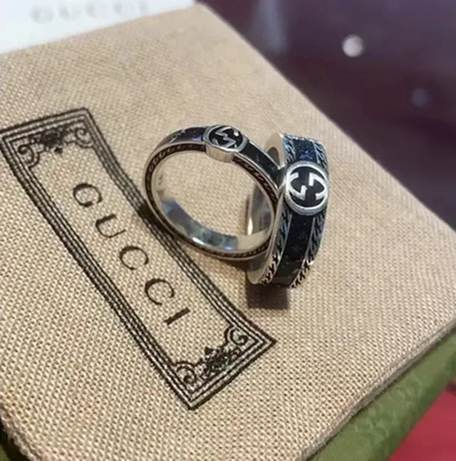 Gucci Interlocking G Ring Silver Black Logo Inlay Ring 3