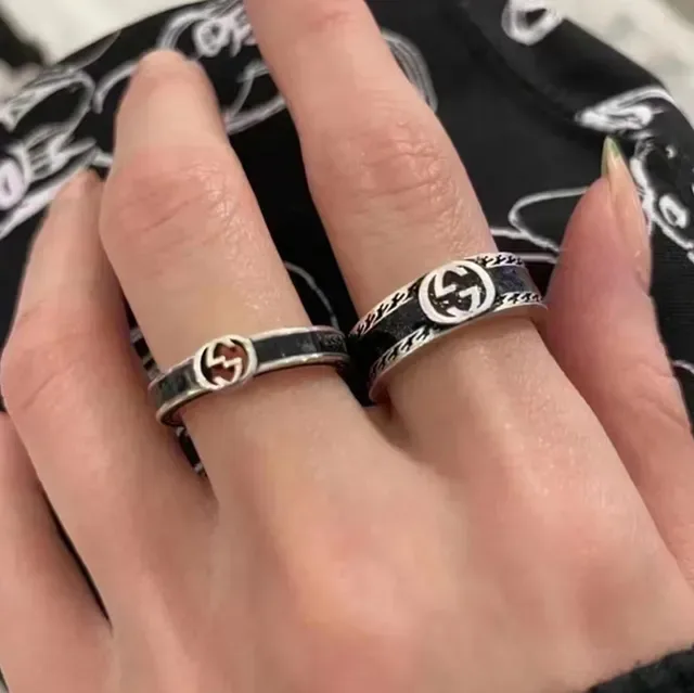 Gucci Interlocking G Ring Silver Black Logo Inlay Ring 5