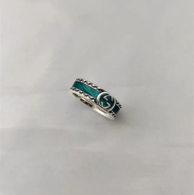 Gucci Interlocking G Ring Silver Black Logo Inlay Ring 7