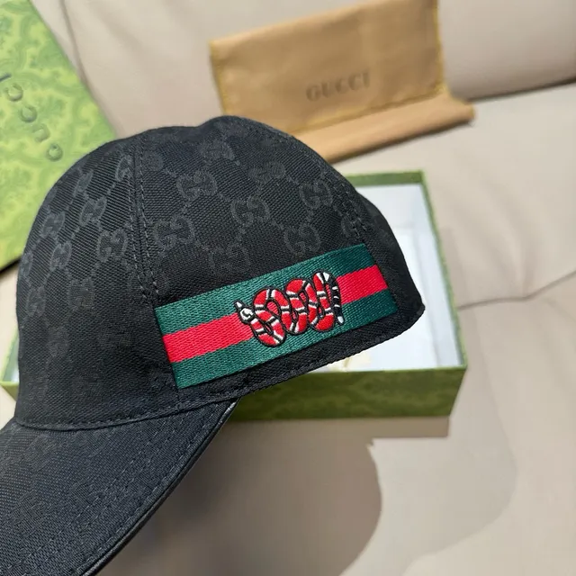 Gucci Kingsnake Preto Verde GG Monogram Canvas Web Stripe Band Boné de Beisebol 7
