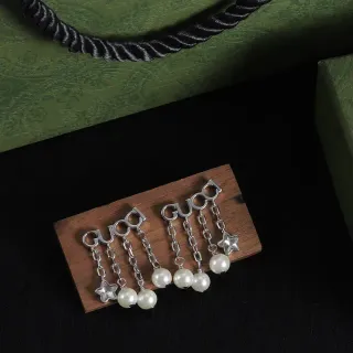 Gucci Logo Charm Chain Pearl Star Dangle Earrings