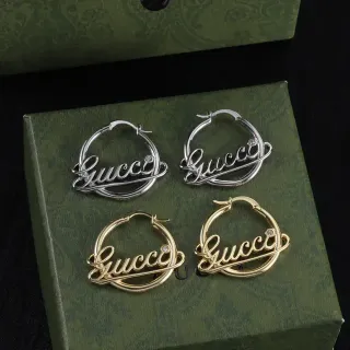 Gucci Logo-Integrated Hoop Silver Gold Cursive Script Earrings