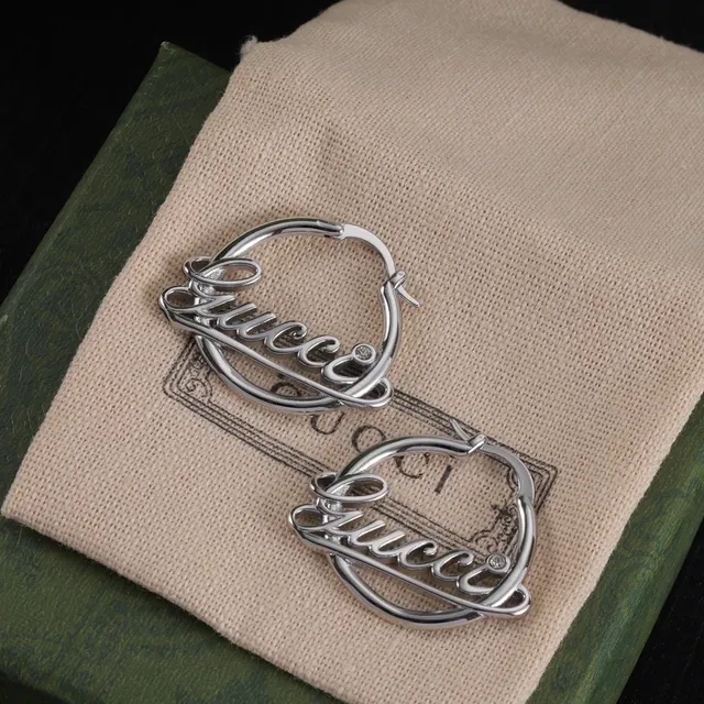 Gucci Logo-Integrated Hoop Silver Gold Cursive Script Earrings 3