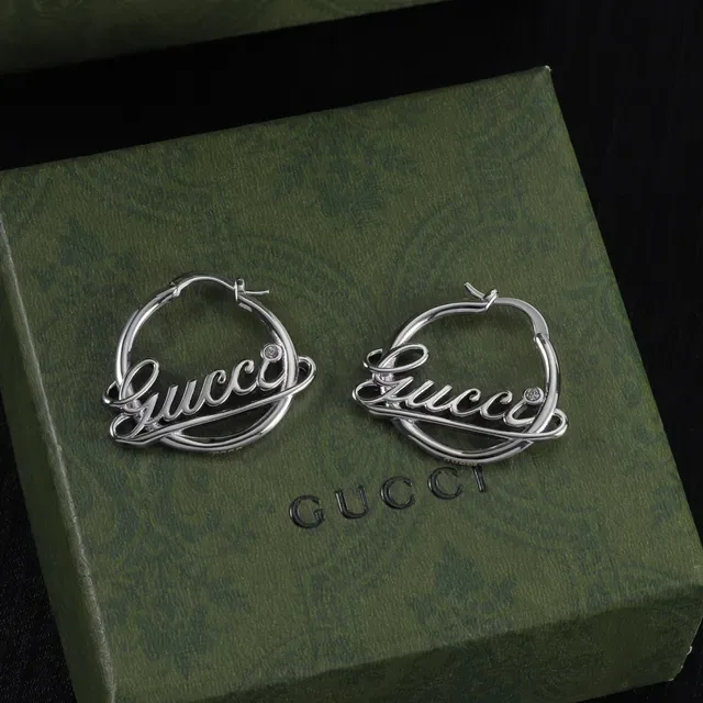 Gucci Logo-Integrated Hoop Silver Gold Cursive Script Earrings 6