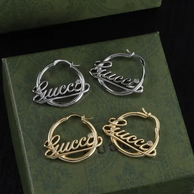 Gucci Logo-Integrated Hoop Silver Gold Cursive Script Earrings 7