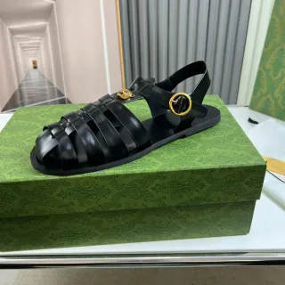 Gucci Medusa Gladiator Sandal Black Gold Multi-Strap Head Accent Gladiator Sandals