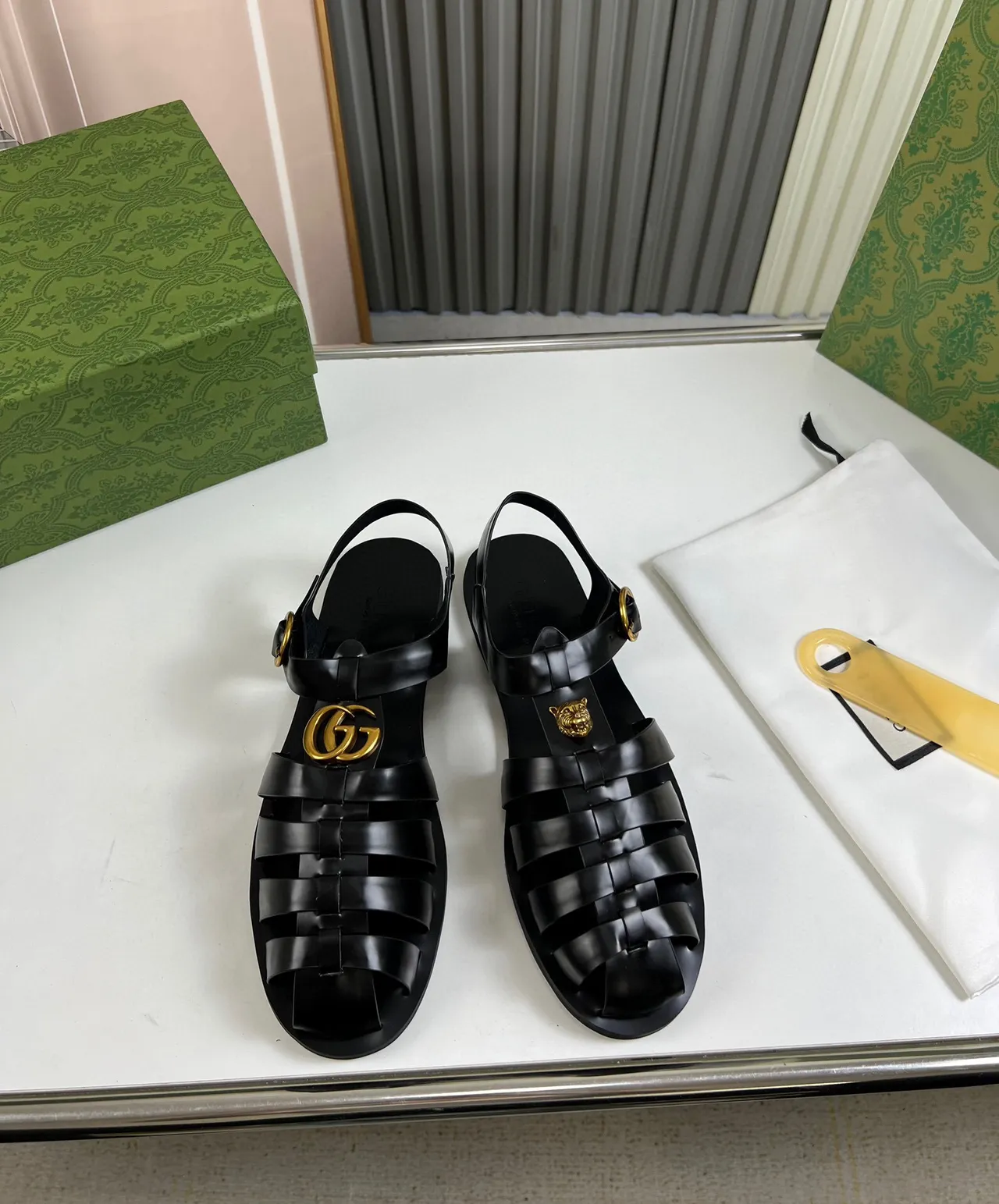 Gucci Medusa Gladiator Sandal Black Gold Multi-Strap Head Accent Gladiator Sandals 2