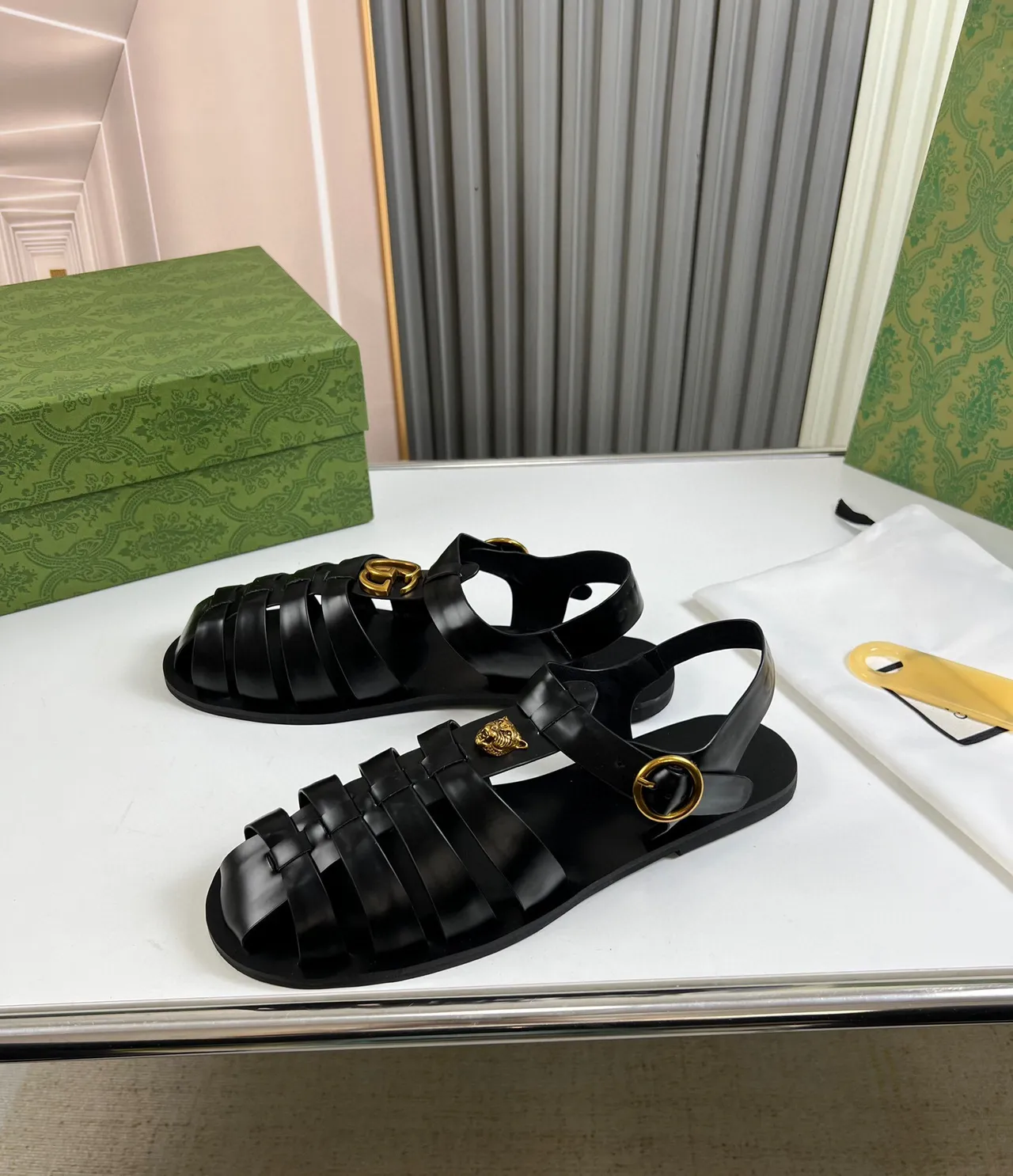 Gucci Medusa Gladiator Sandal Black Gold Multi-Strap Head Accent Gladiator Sandals 3
