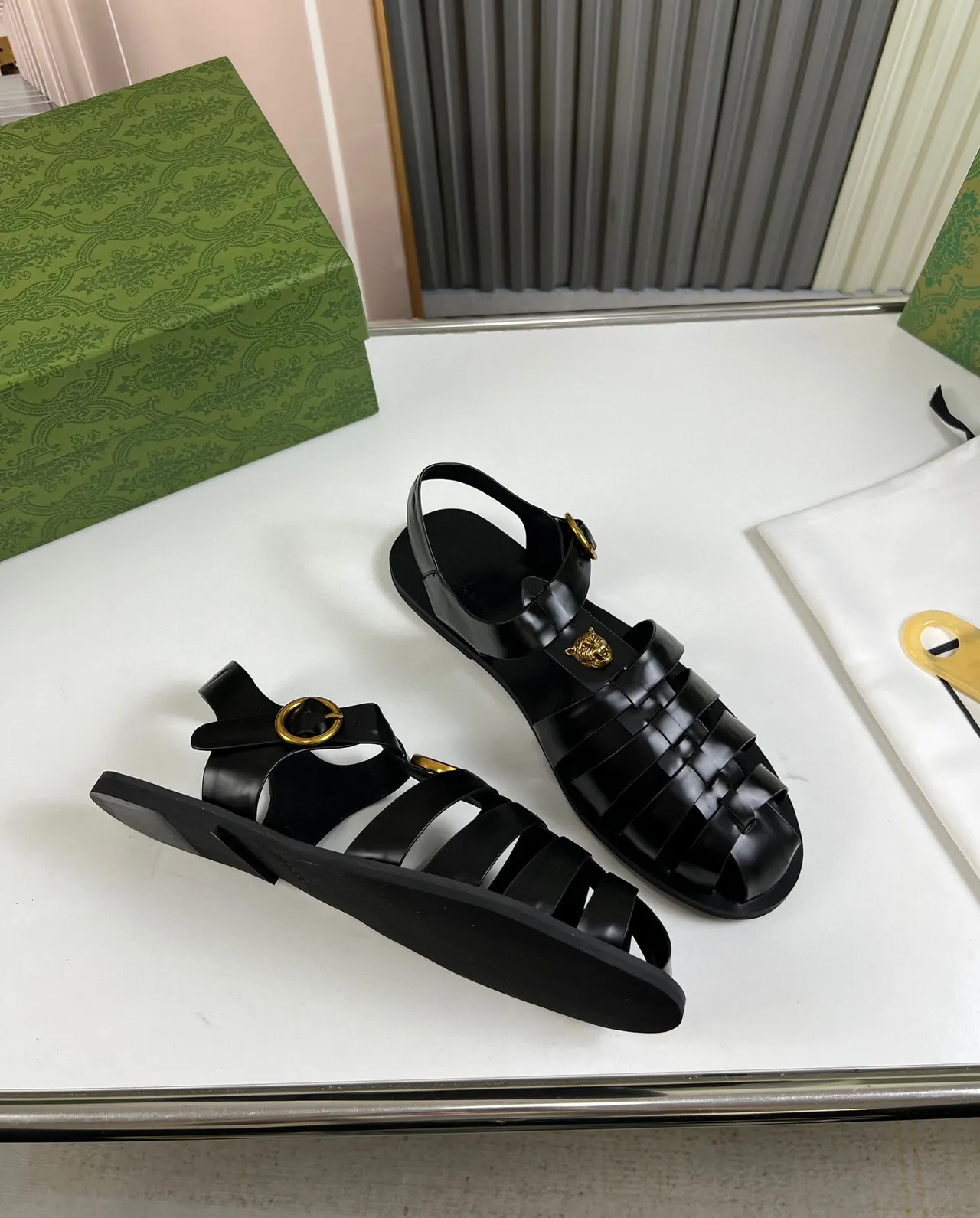 Gucci Medusa Gladiator Sandal Black Gold Multi-Strap Head Accent Gladiator Sandals 4