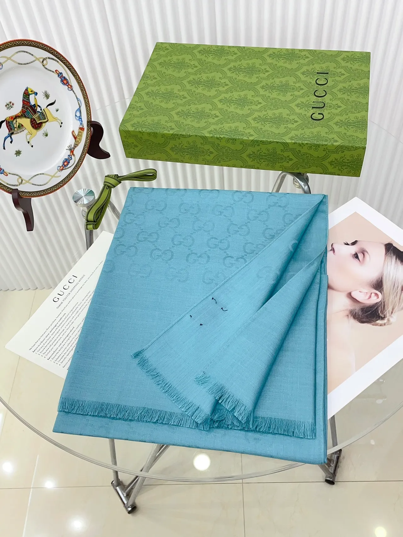 Gucci Monogrammed Light Blue Fringed Silk Scarf 4