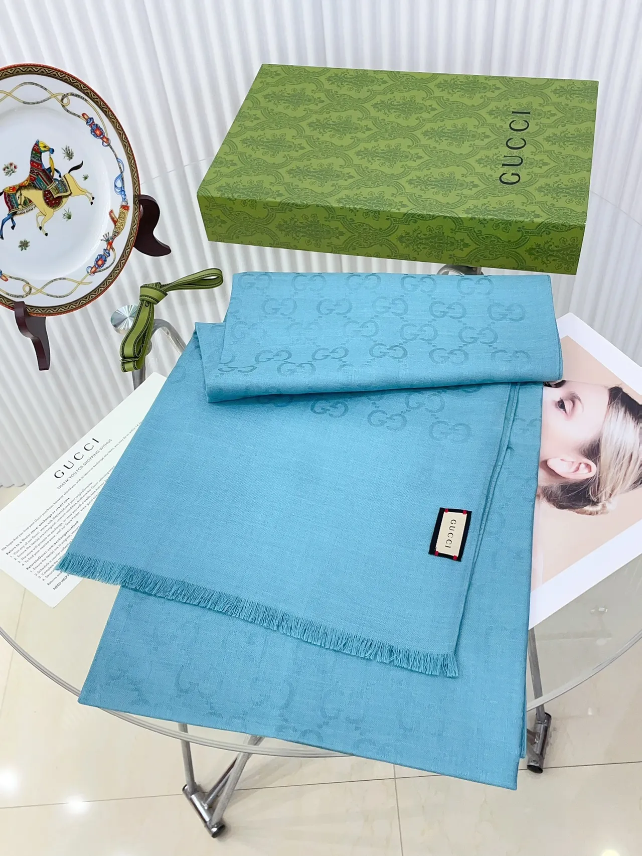 Gucci Monogrammed Light Blue Fringed Silk Scarf 5