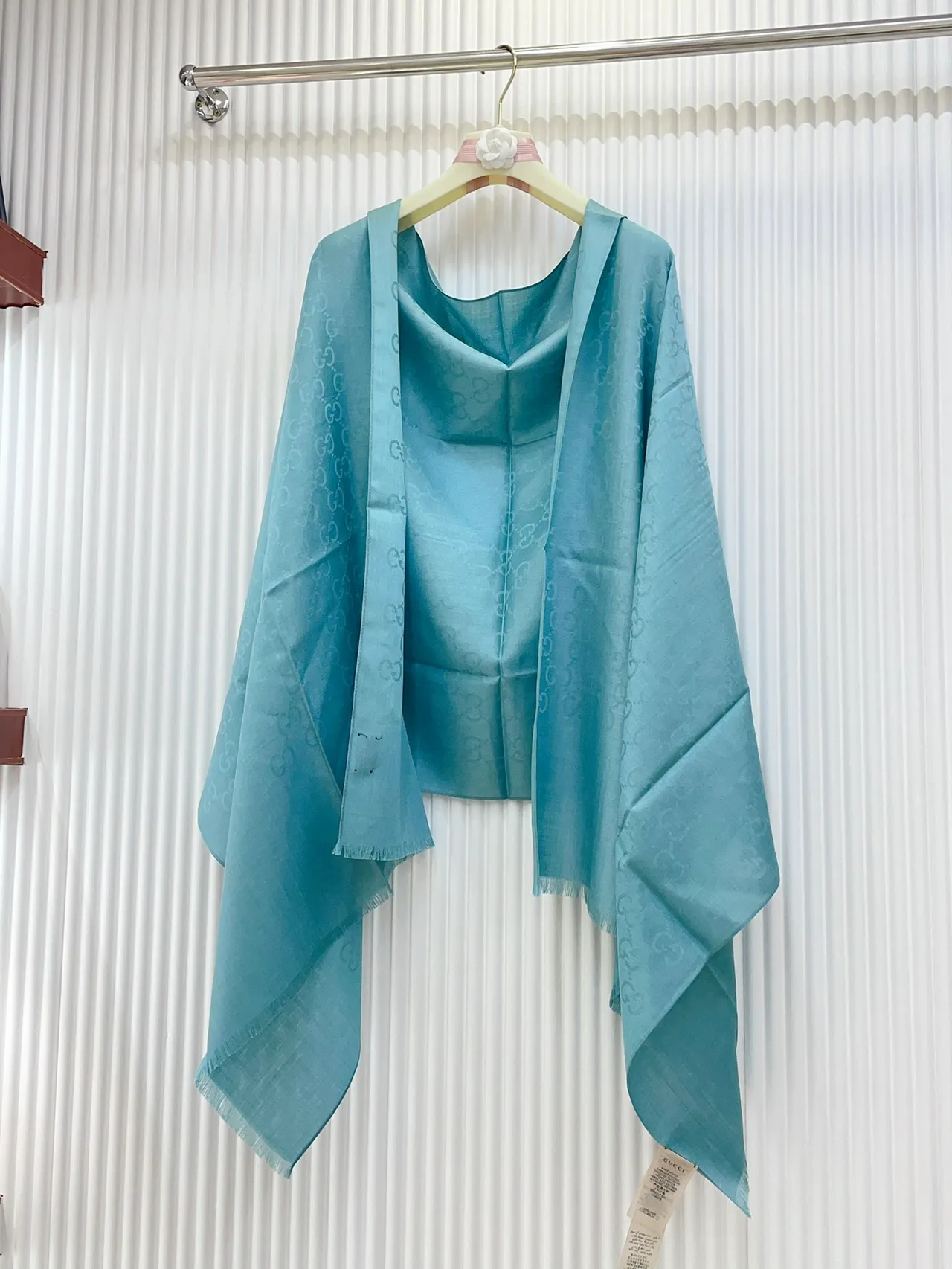 Gucci Monogrammed Light Blue Fringed Silk Scarf 6