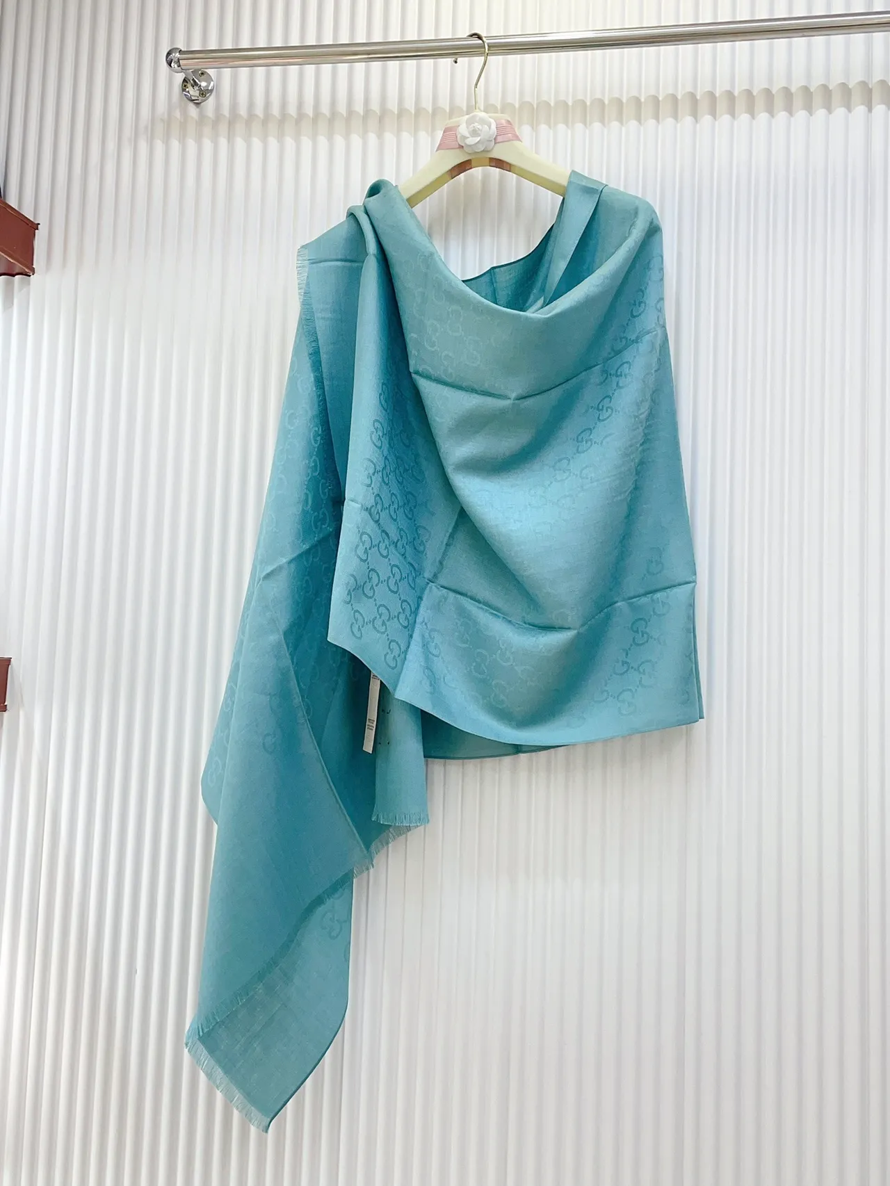 Gucci Monogrammed Light Blue Fringed Silk Scarf 7