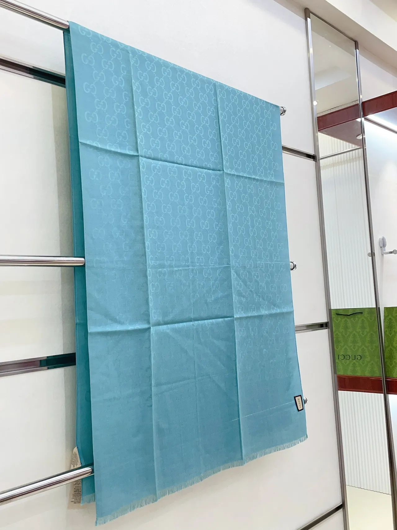 Gucci Monogrammed Light Blue Fringed Silk Scarf 8