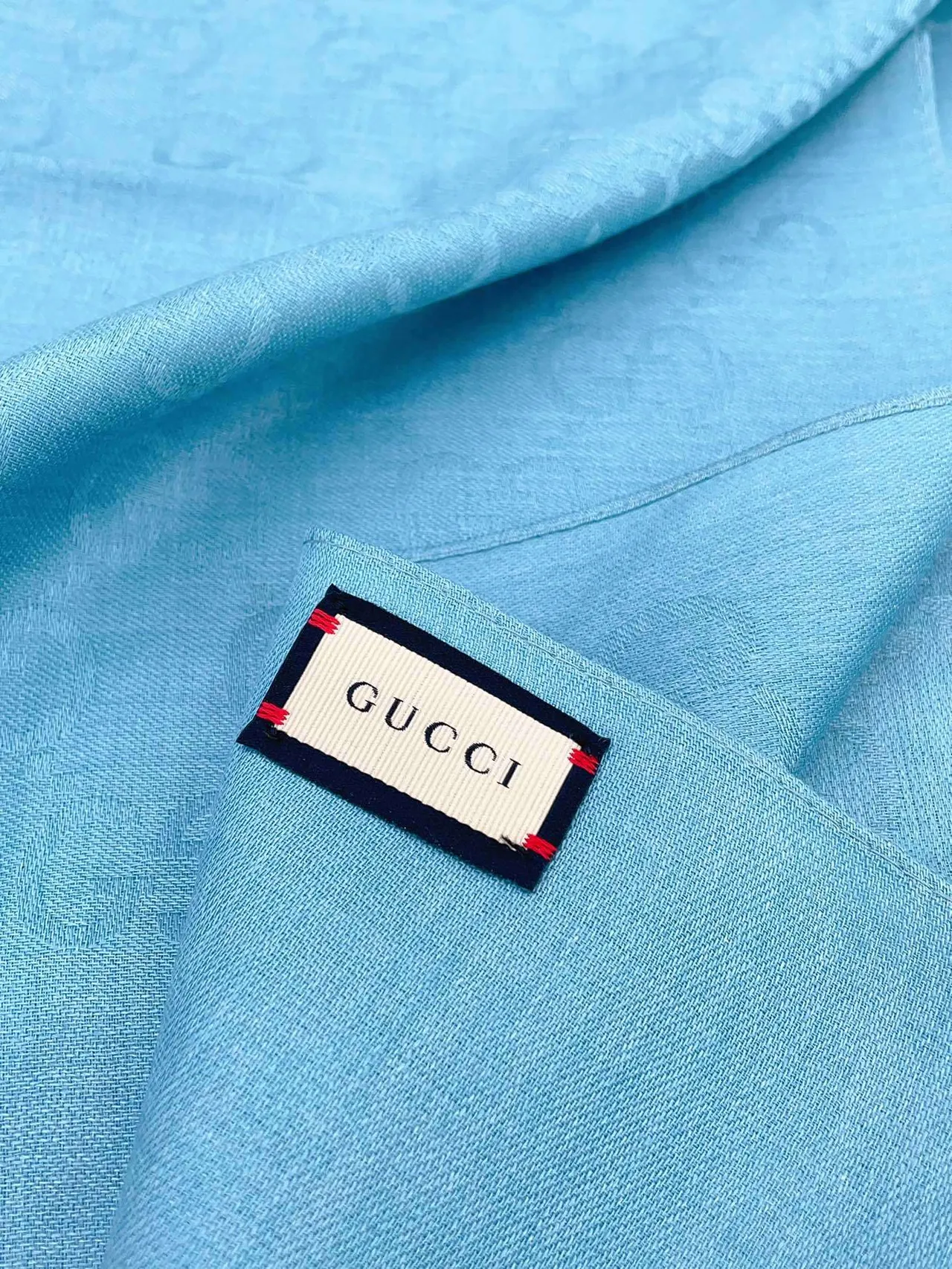 Gucci Monogrammed Light Blue Fringed Silk Scarf 9
