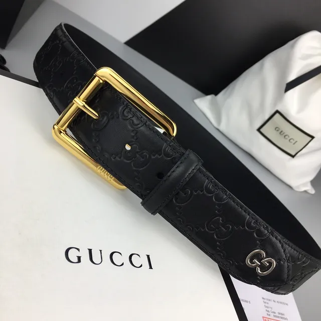 Gucci Ophidia Black Gold Embossed GG Monogram Buckle Leather Belt 9