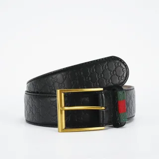 Gucci Ophidia Black Gold Embossed GG Monogram Rectangular Buckle Leather Belt