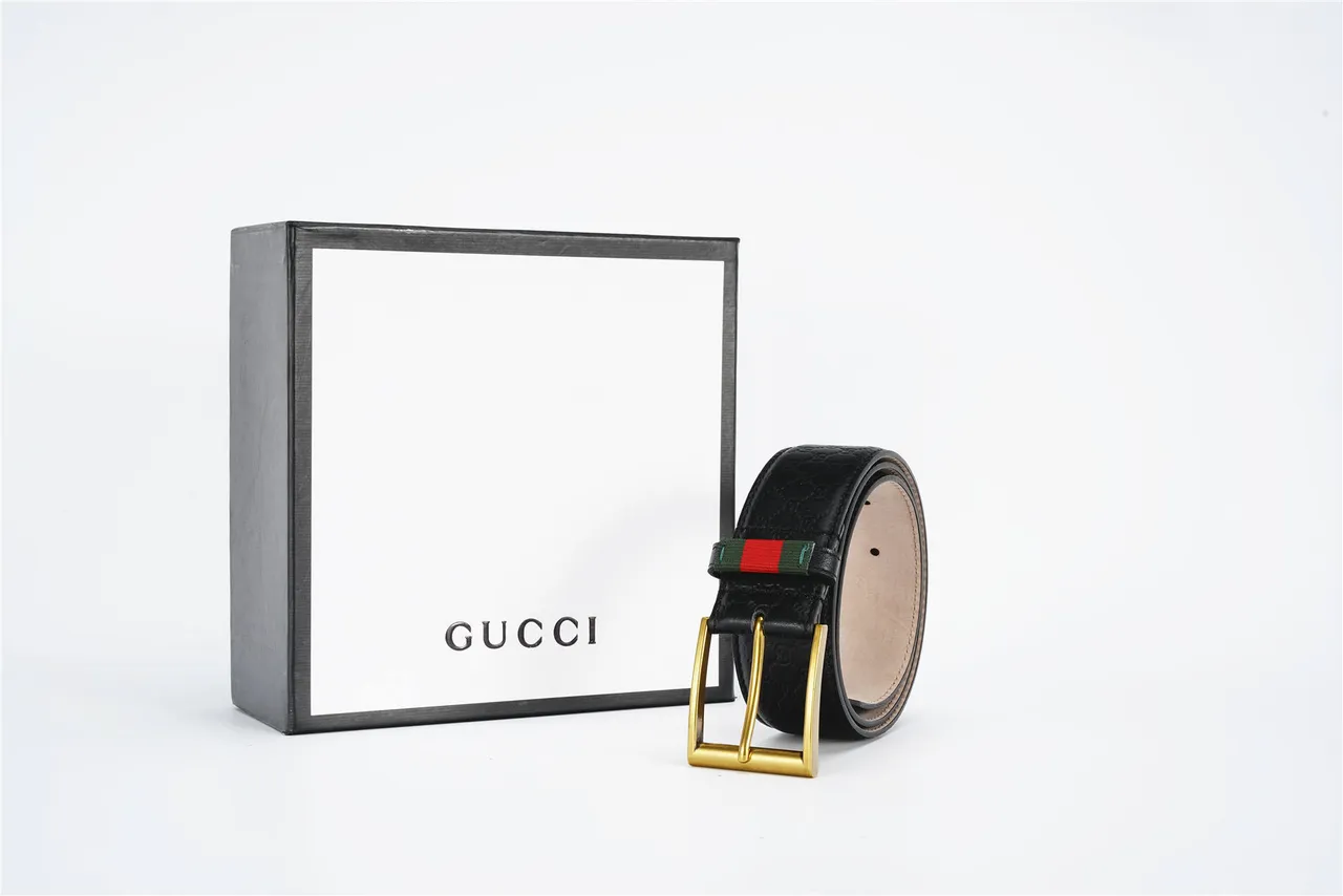 Gucci Ophidia Black Gold Embossed GG Monogram Rectangular Buckle Leather Belt 6