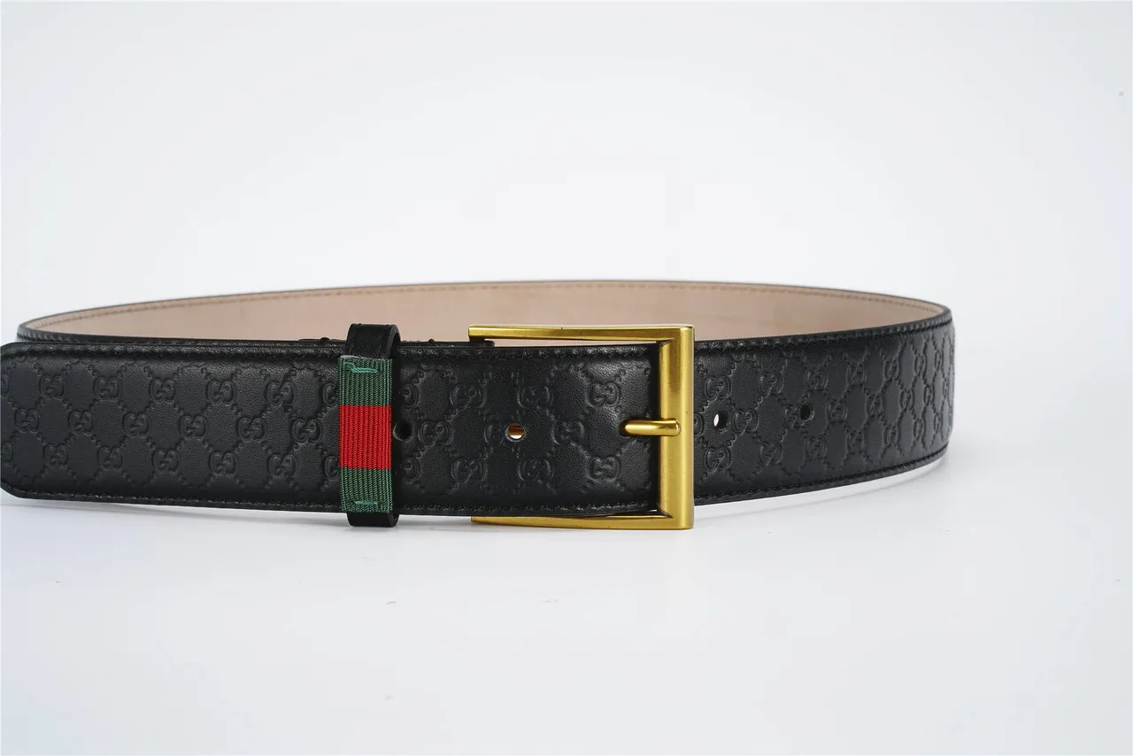 Gucci Ophidia Black Gold Embossed GG Monogram Rectangular Buckle Leather Belt 9