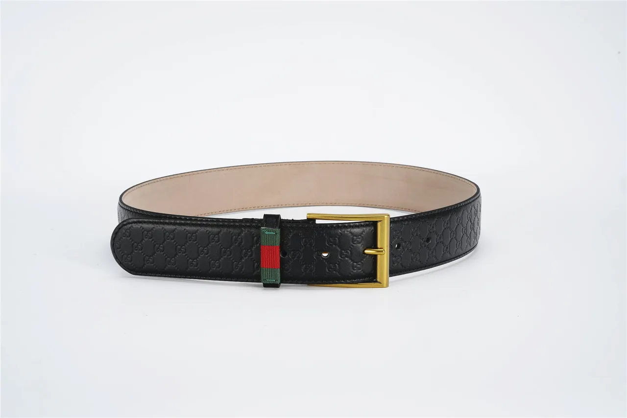 Gucci Ophidia Black Gold Embossed GG Monogram Rectangular Buckle Leather Belt 10