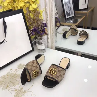 Gucci Ophidia GG Monogram Canvas Gold Buckle Casual Sandals