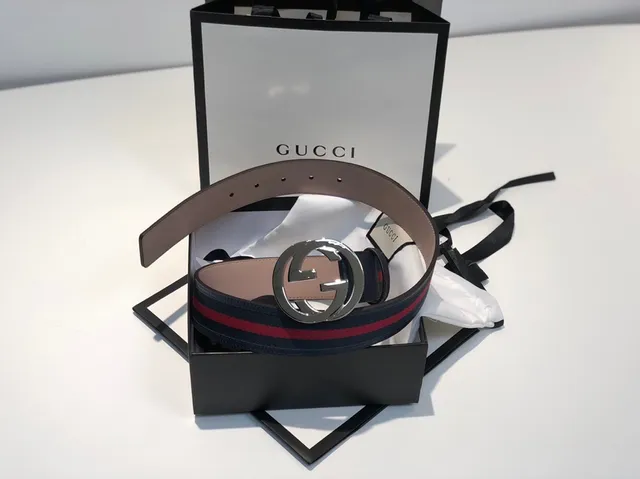 Gucci Ophidia Navy Red Interlocking G Buckle Silver-Tone Hardware Leather Belt 3